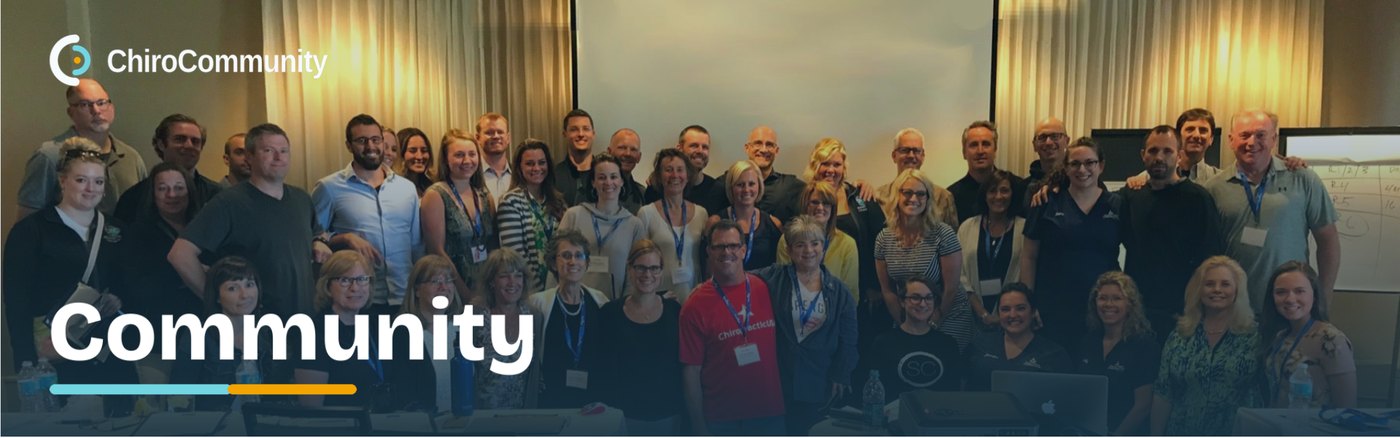 The Community space banner, a room full of chiropractors at a live event